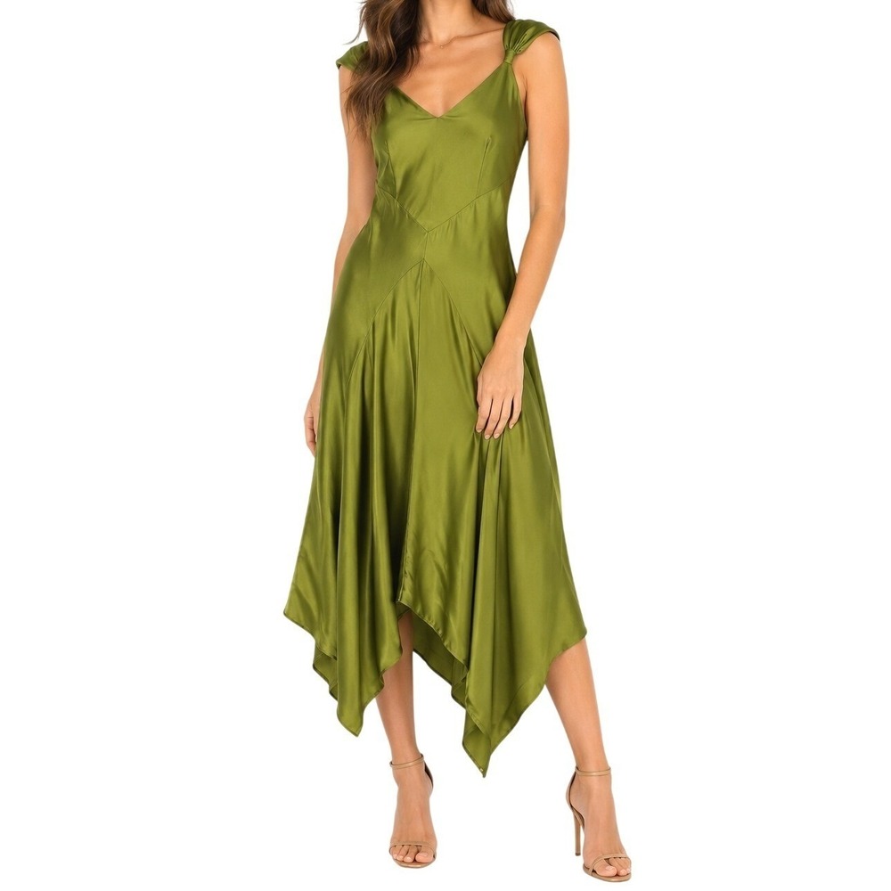 VTG BCBG Paris Handkerchief Hem Midi Dress Sz 10 Olive Green Satin Romantic Y2K